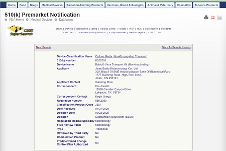 BABIO zajišťuje povolení FDA 510(k) v USA pro svou sadu pro přepravu virů (neinaktivující)